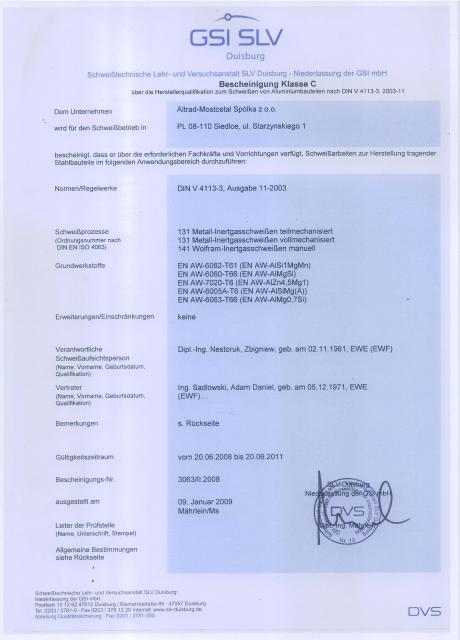 Certyfikat SLV Aluminum